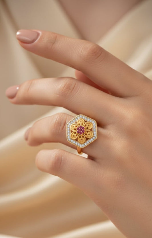 Micro Gold Plated Daily Wear And Diamond Studded Fancy Adjustable Flower Ring