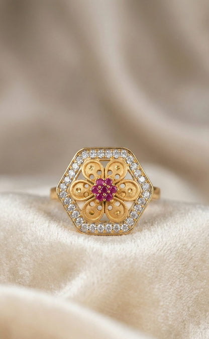 Micro Gold Plated Daily Wear And Diamond Studded Fancy Adjustable Flower Ring