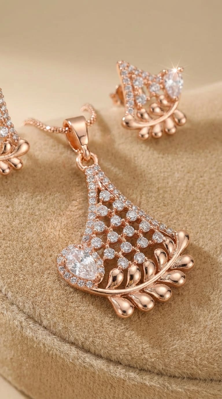 Rose Gold  Plated And Diamond Studded Fancy Triangle Pendant Set with Short Chain