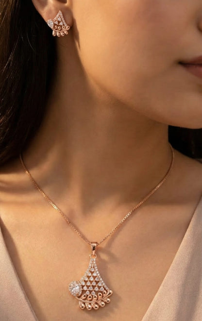 Rose Gold  Plated And Diamond Studded Fancy Triangle Pendant Set with Short Chain