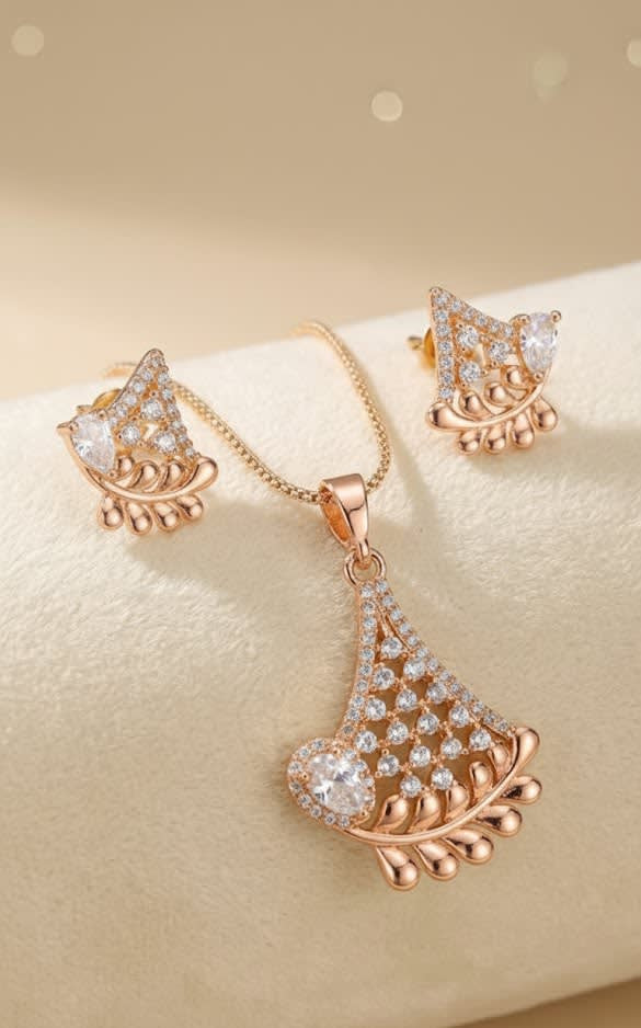 Rose Gold  Plated And Diamond Studded Fancy Triangle Pendant Set with Short Chain