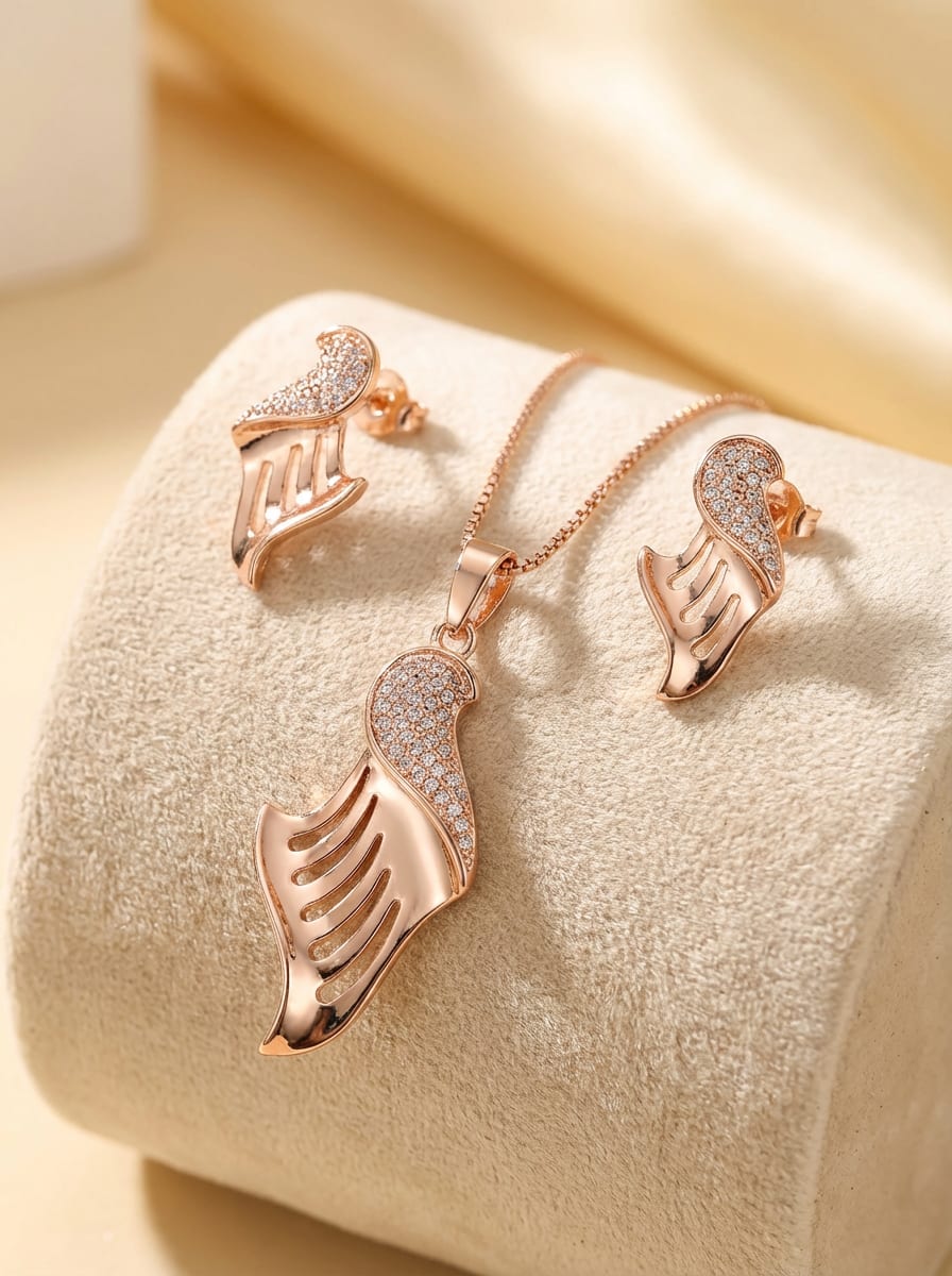 Rose Gold Plated And Diamond Studed Fancy S Shape Pendant Set with Short Chain
