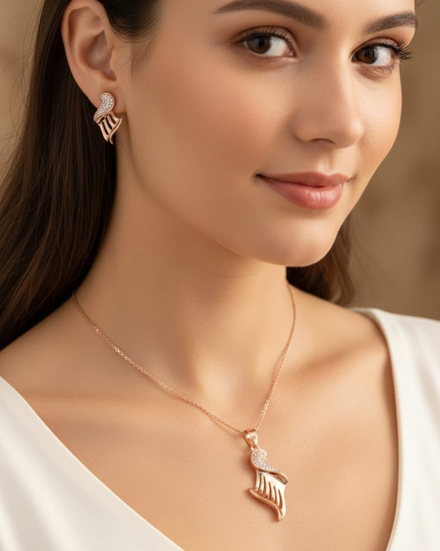 Rose Gold Plated And Diamond Studed Fancy S Shape Pendant Set with Short Chain