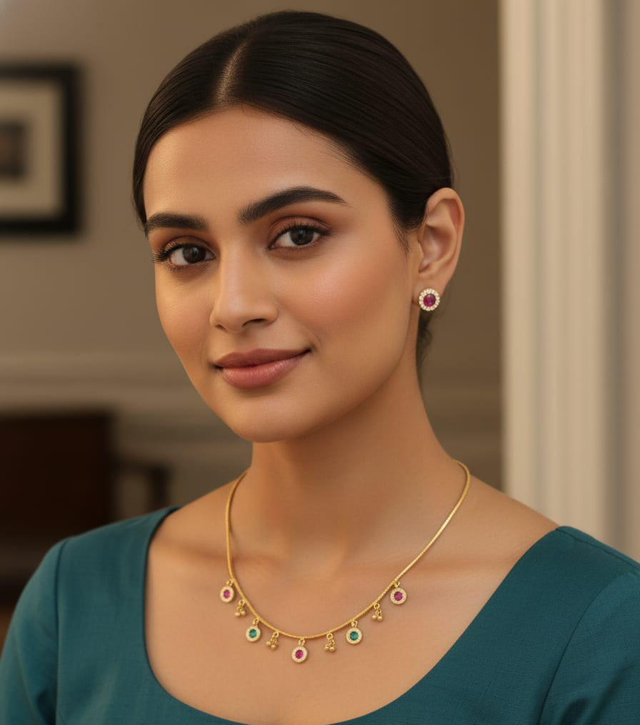 Stylish Gold Plated Chain Necklace with Swarovski Diamond Stones & Earrings